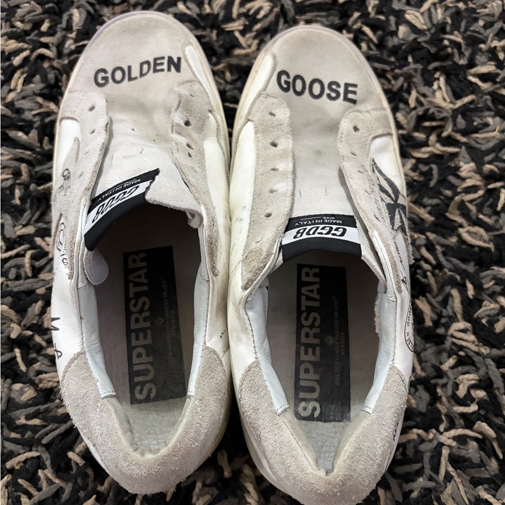 Golden Goose White Leather Low-Top Sneakers with Black Star and Gray Suede - Picture 6 of 13